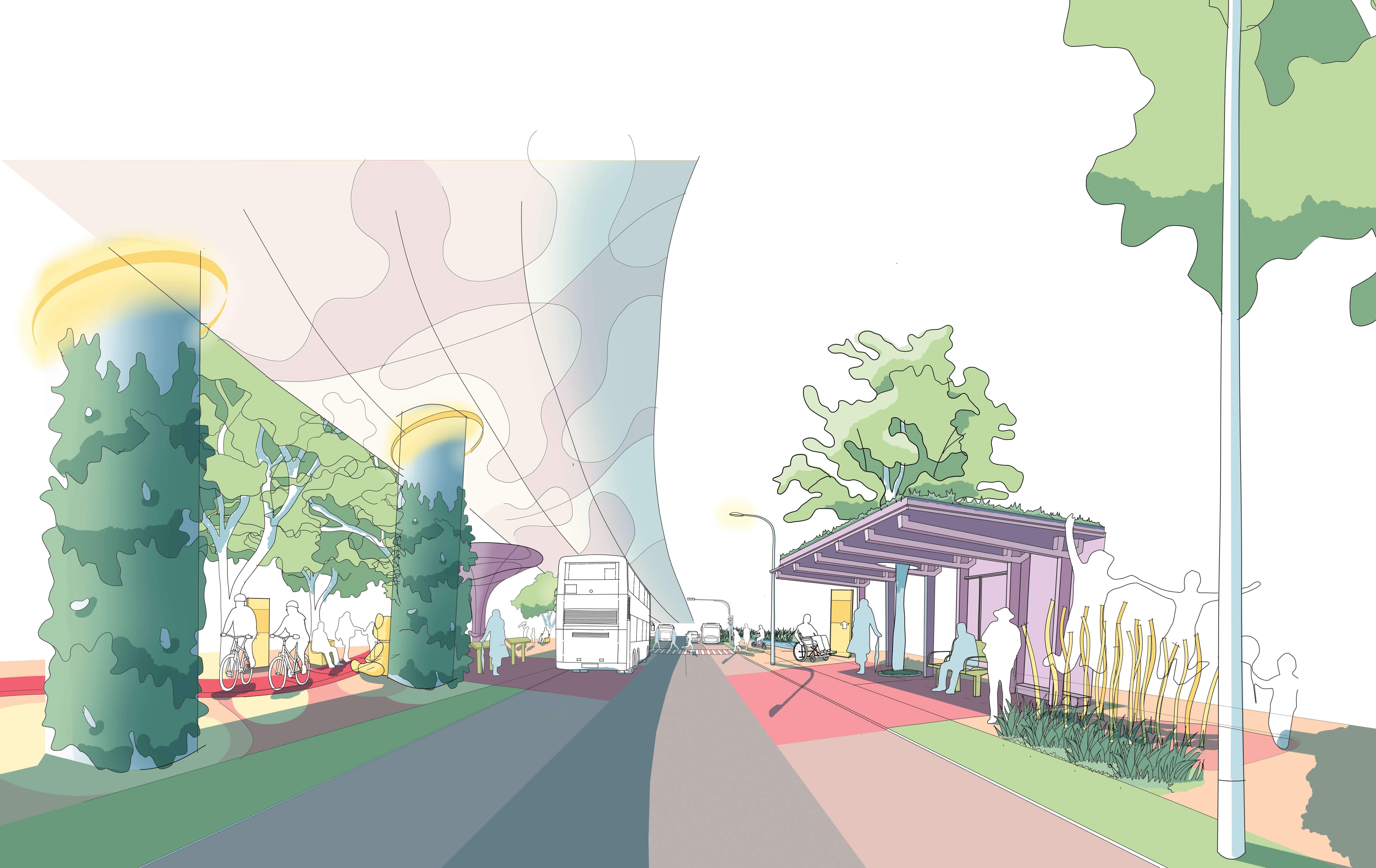 Architectural sketch of a green urban streetscape with bus, bike path, trees, and a bus stop with a green roof.